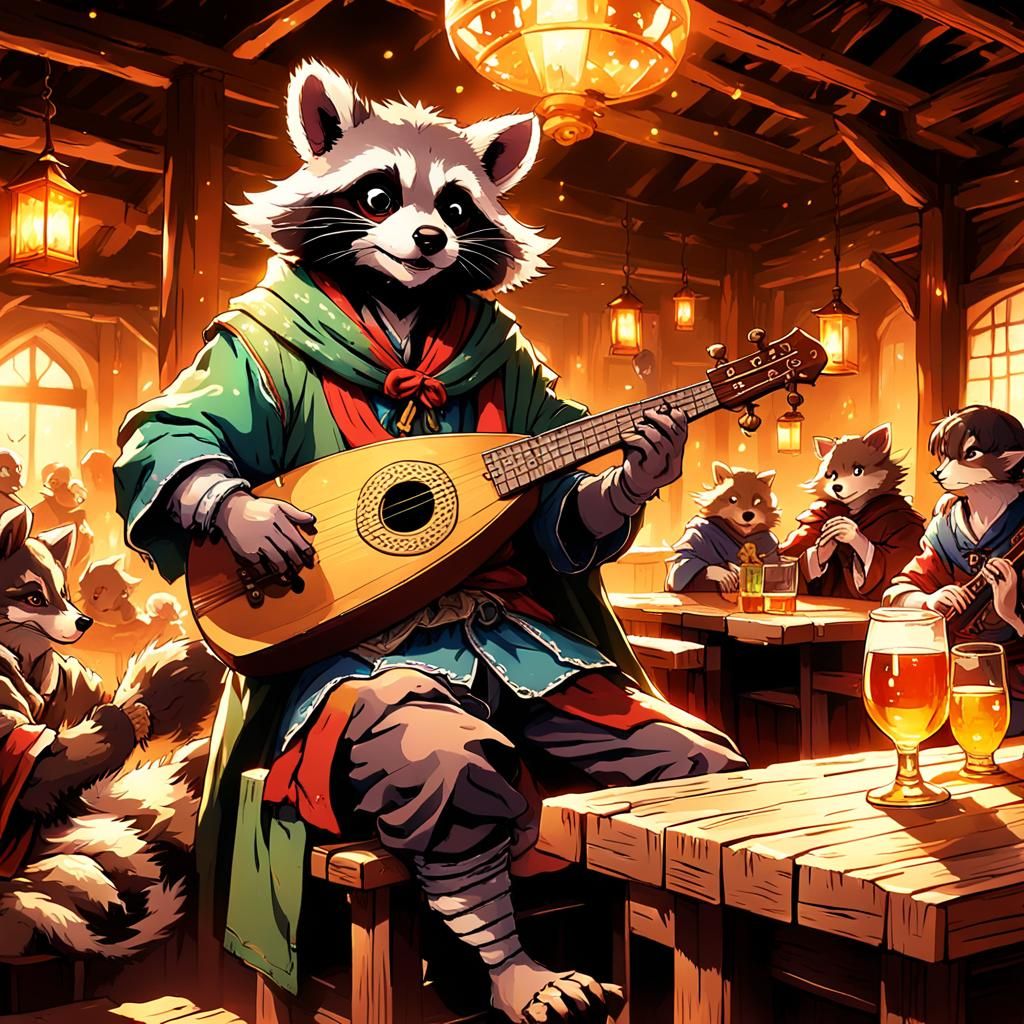 Raccoon Bard in Anime Style Tavern Scene