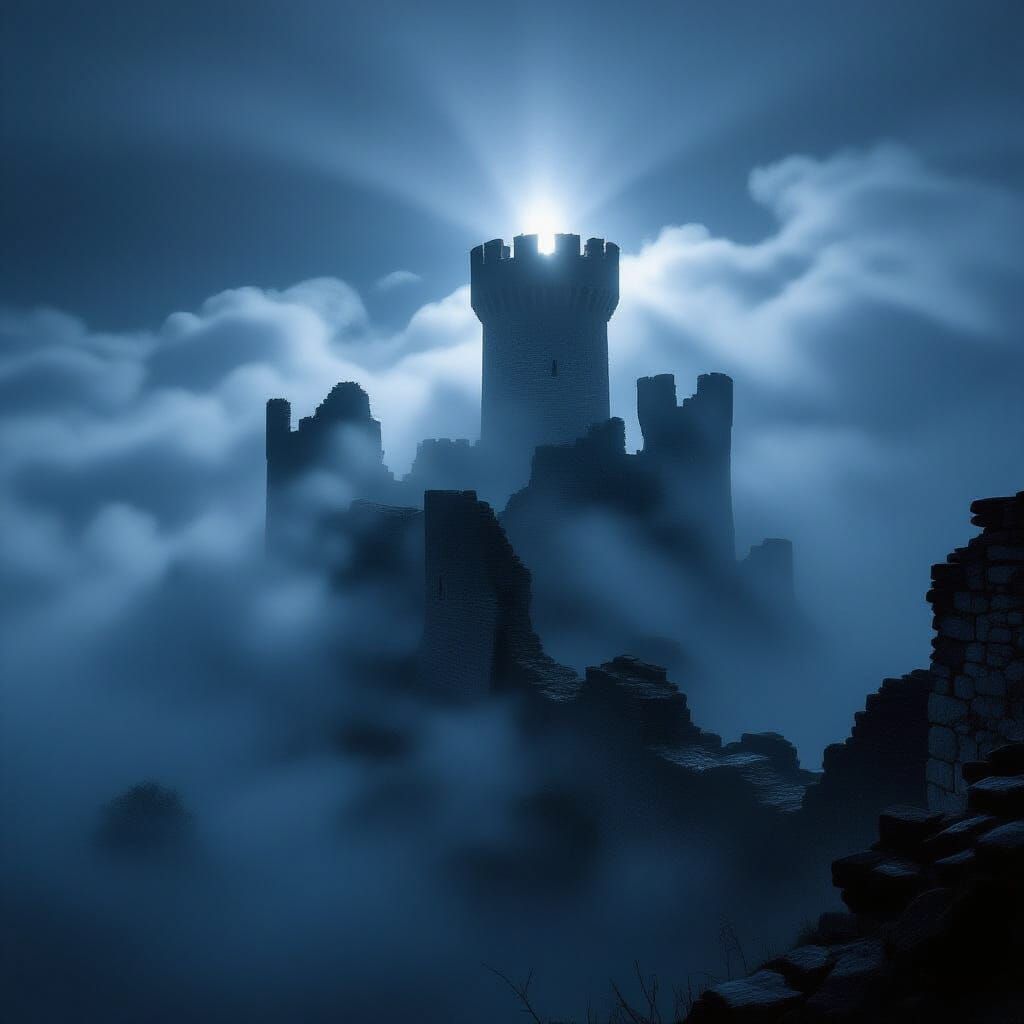 Ancient Castle in Clouds with Light Beam in Fog