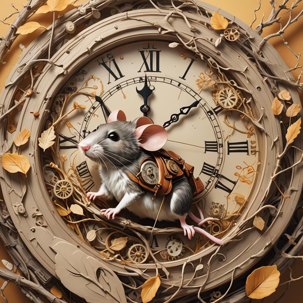 Mouse's Clock Adventure: Whimsical Hand-Drawn Illustration