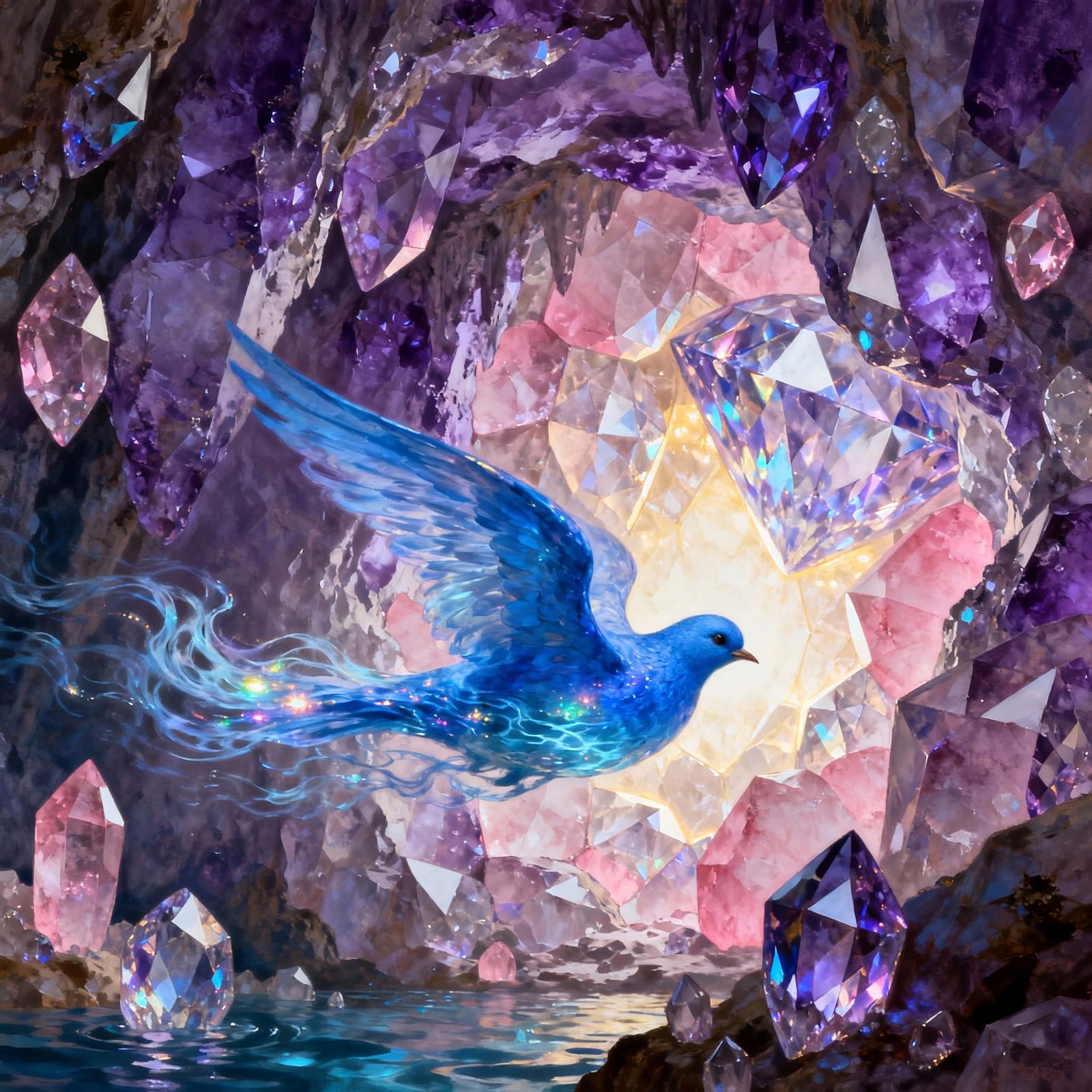 Ethereal Water Dove Soars Through Diamond Geode Cavern