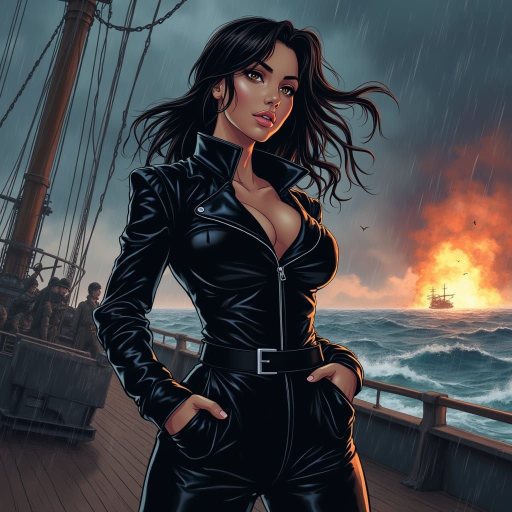 Sleek Leather-Wrapped Heroine Battles Stormy Seas