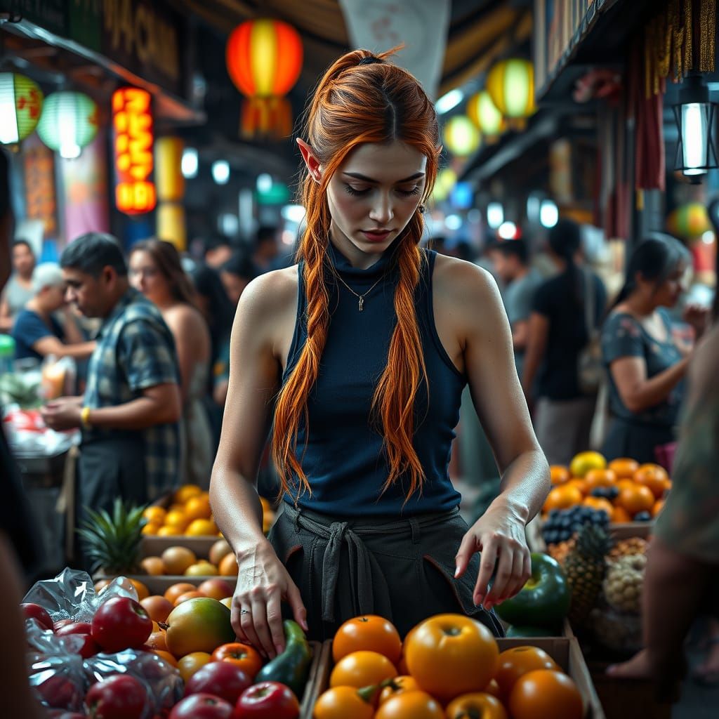Ethereal Elf Druid in Night Market, Inspired by Hyper-Realis...