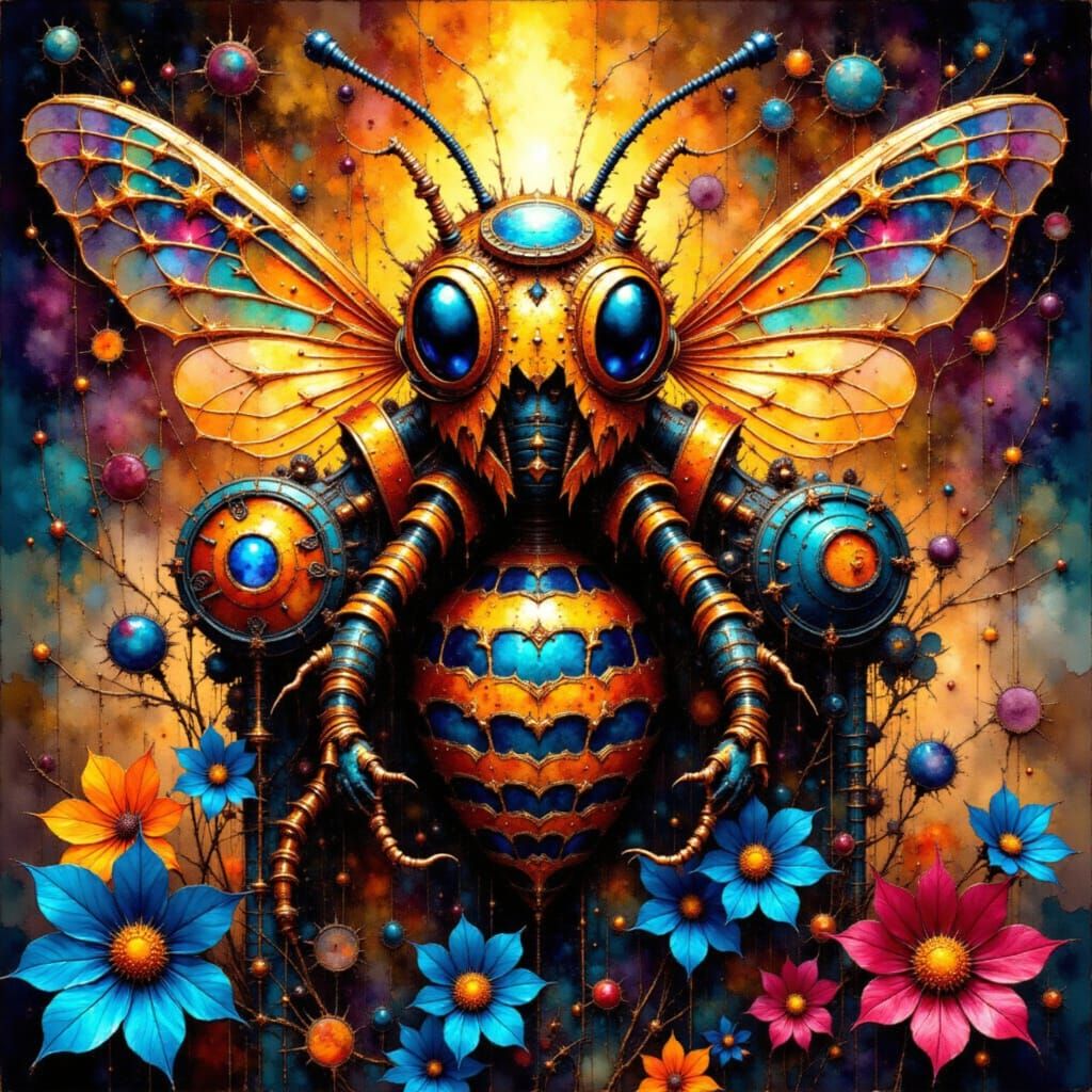 Epic Digital Superhero Bee in Neo-Impressionist Oil Painting...