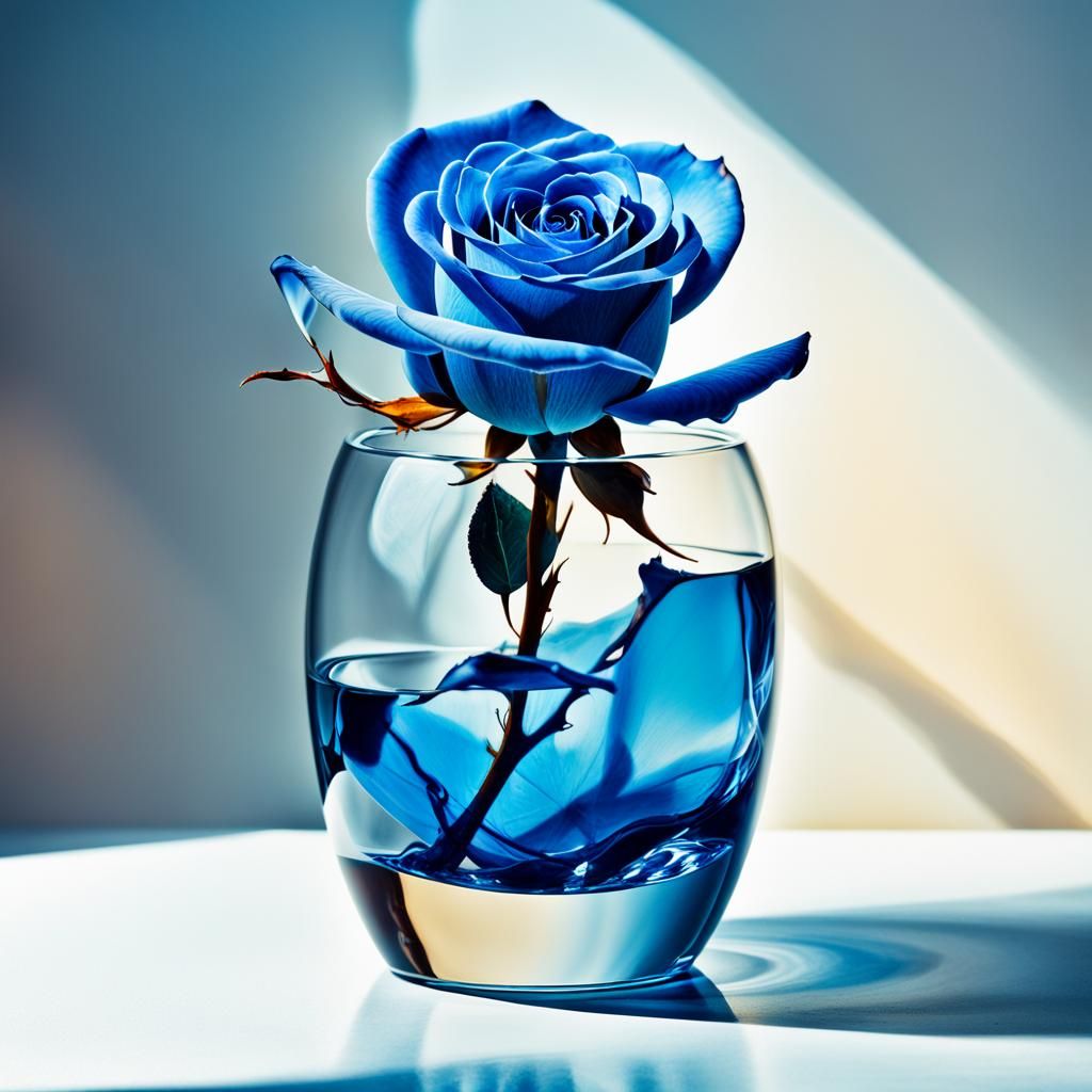 Blue Rose in Glass Vase: Surreal Oil Painting