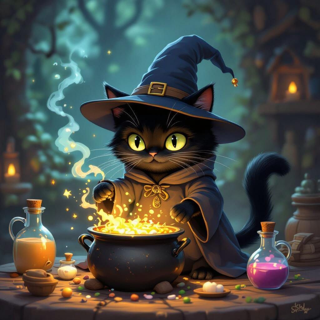 Whimsical Wizard Cat Brewing Potion, Animated Style