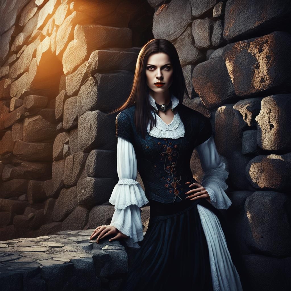 Captivating Brunette Vampire Leaning on Stone Wall