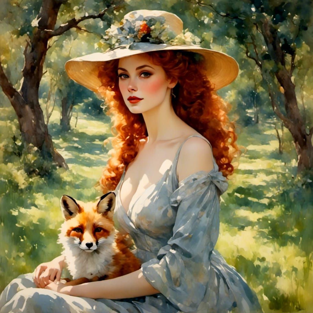 Elegant Redhead with Fox in Watercolor Style