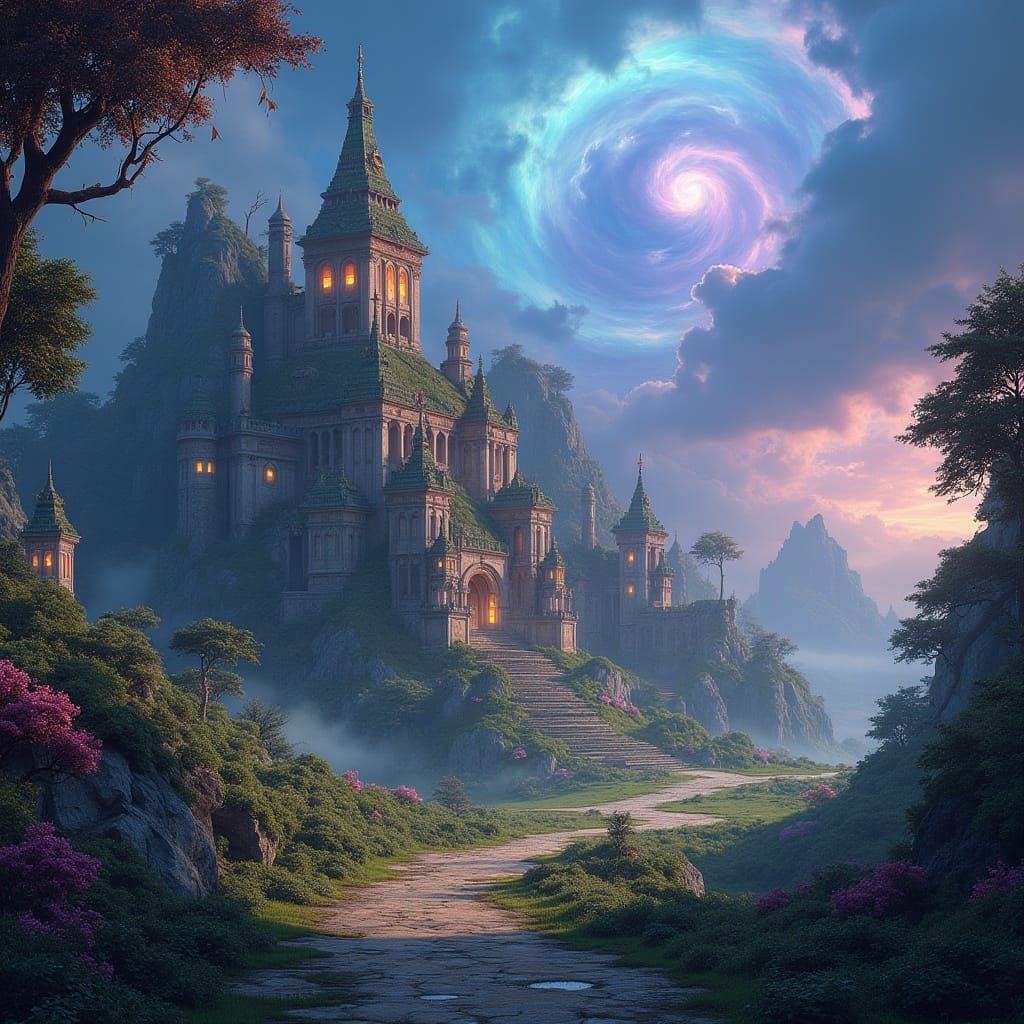 Ethereal Fantasy Realm in Vibrant, Swirling Skies