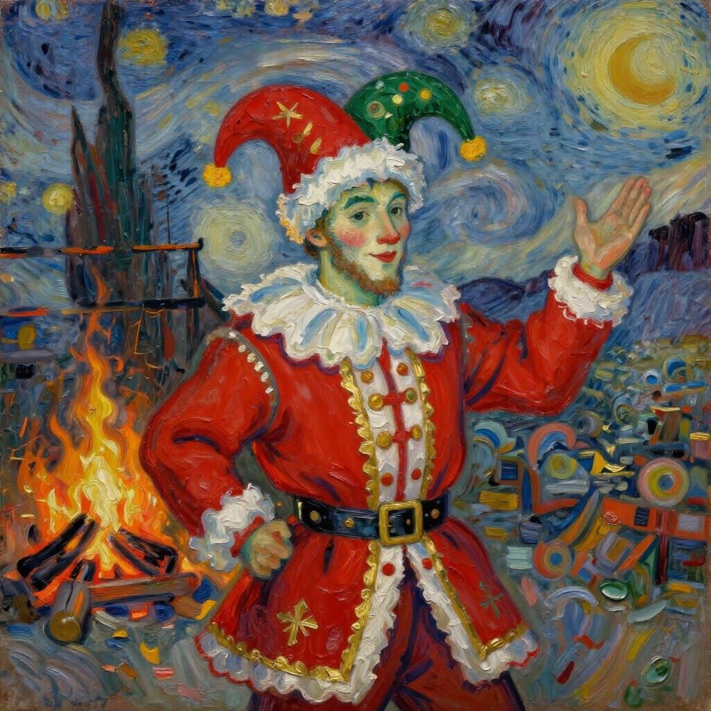 Slavic Yule Fool in Festive Costume as Impasto Painting
