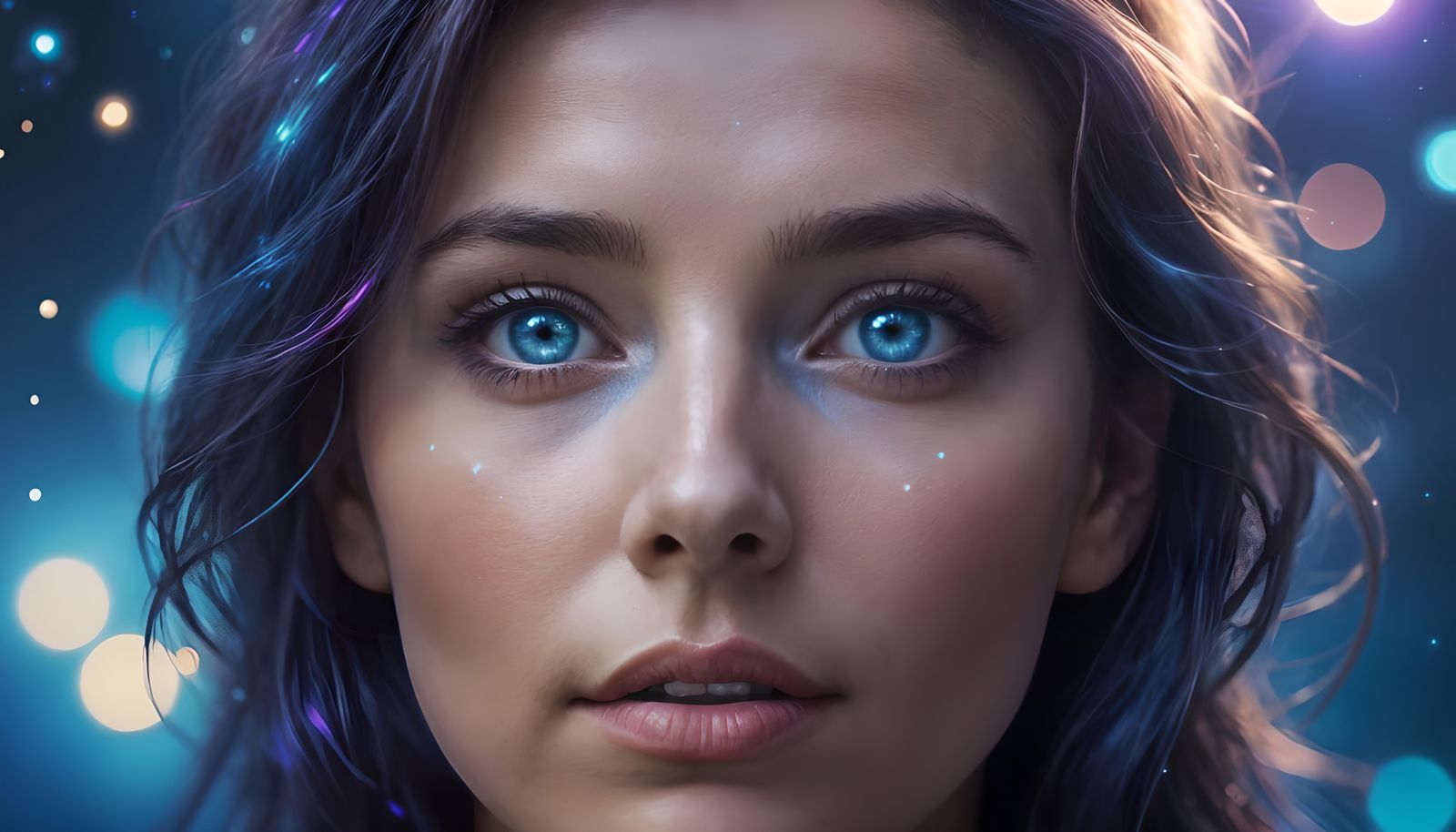 Woman with Blue Eyes: Vivid Cosmic Wallpaper