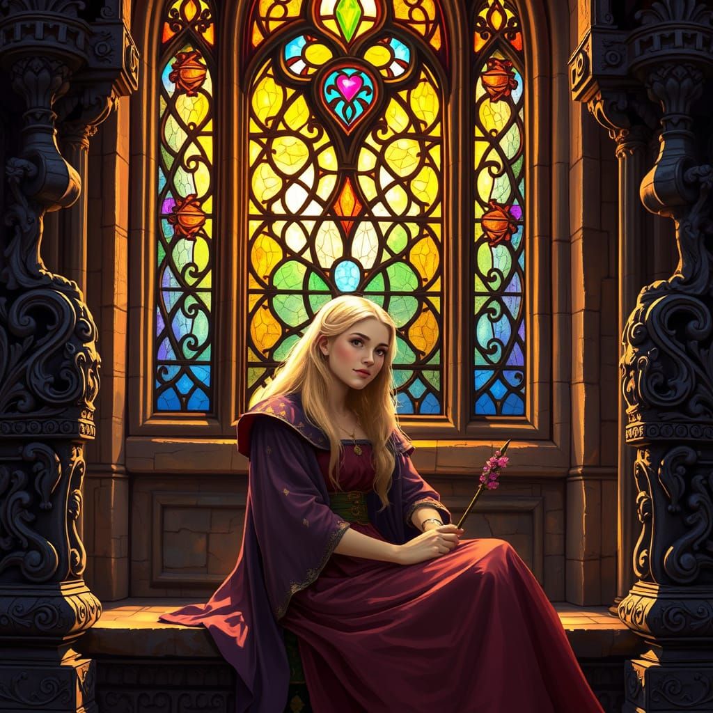 Medieval Maiden Amidst Vibrant Stained Glass