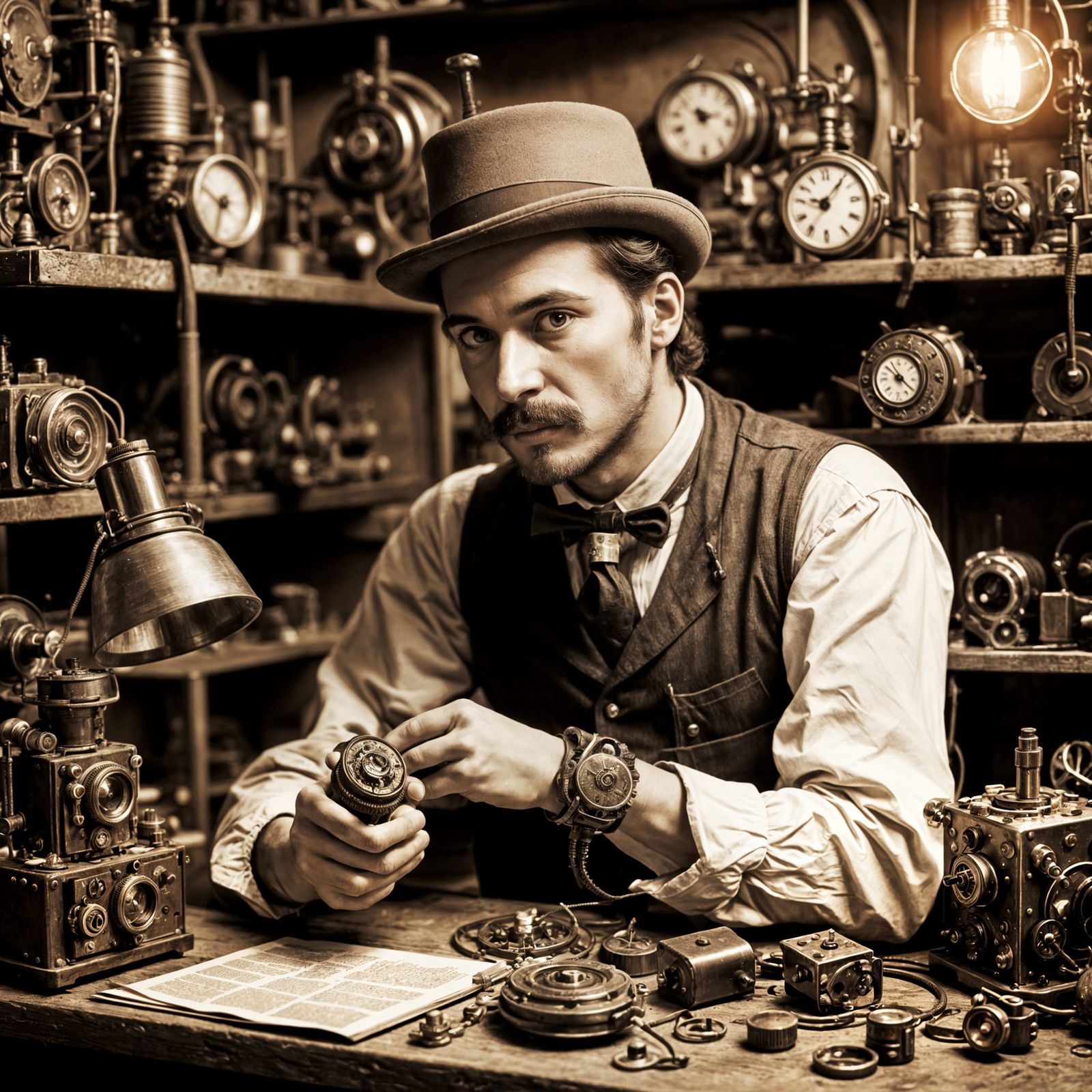 Steampunk Inventor Tinkering With Clockwork Device