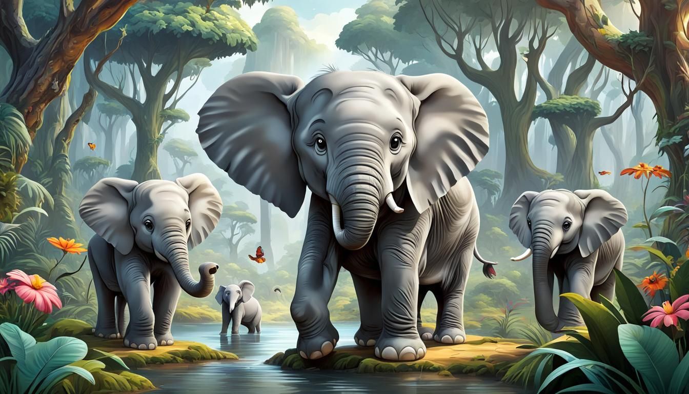 Cute Cartoon Elephant and Jungle Friends
