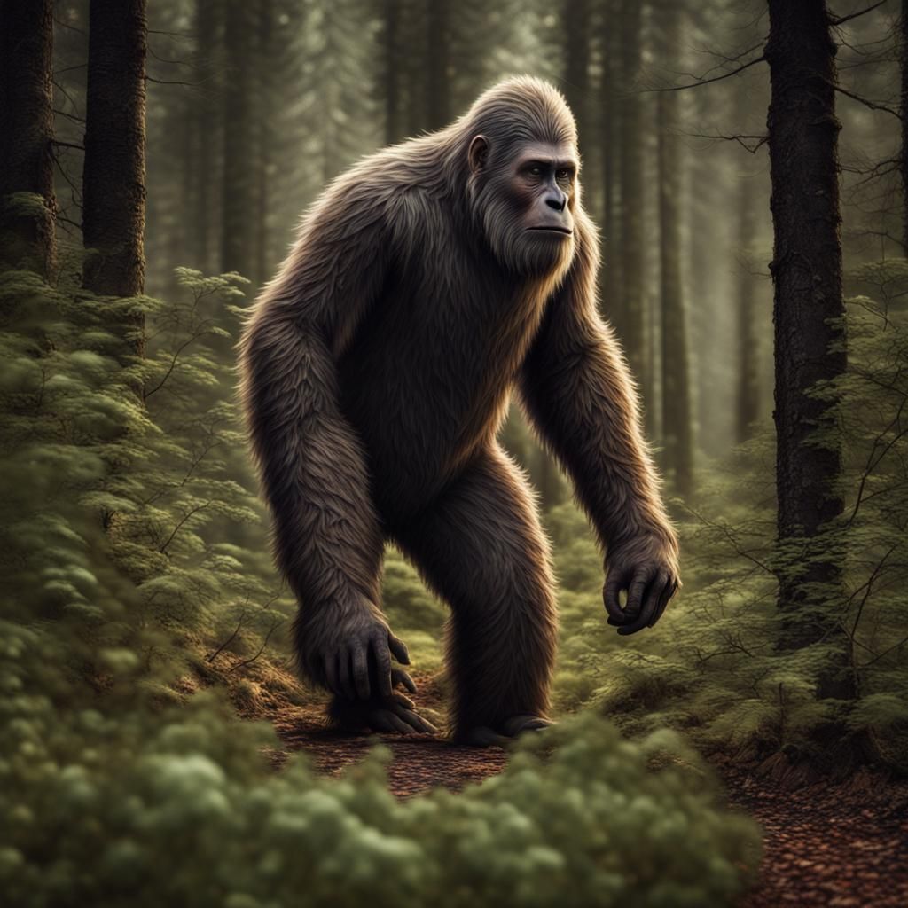Peaceful Bigfoot in Forest, Hyperrealistic Image