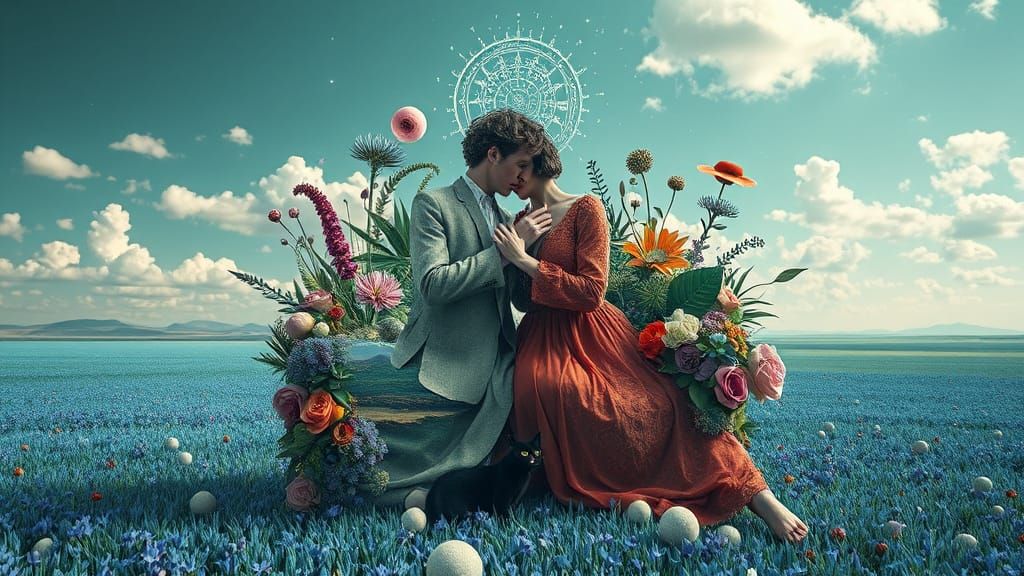 Surreal Figures Sipping Stardust in Floral Art Chair