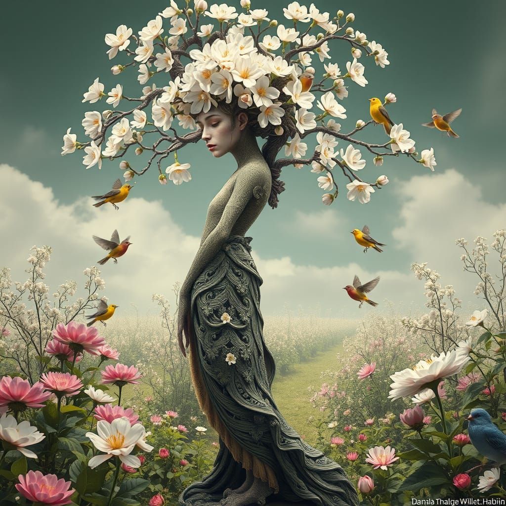 Surreal Springtime Tree Woman in Dreamlike Garden