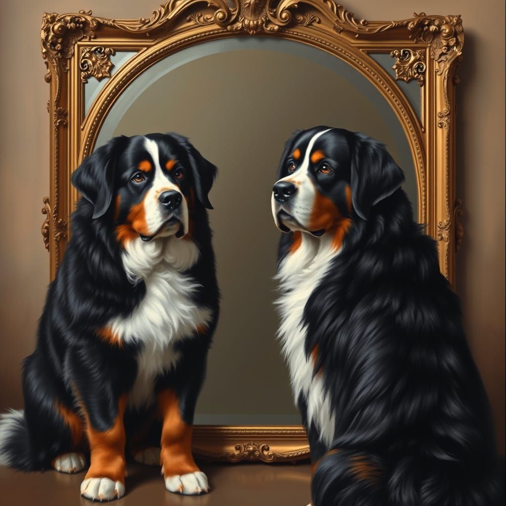 Bernese Mountain Dog Contemplates Its Reflection in a Classi...
