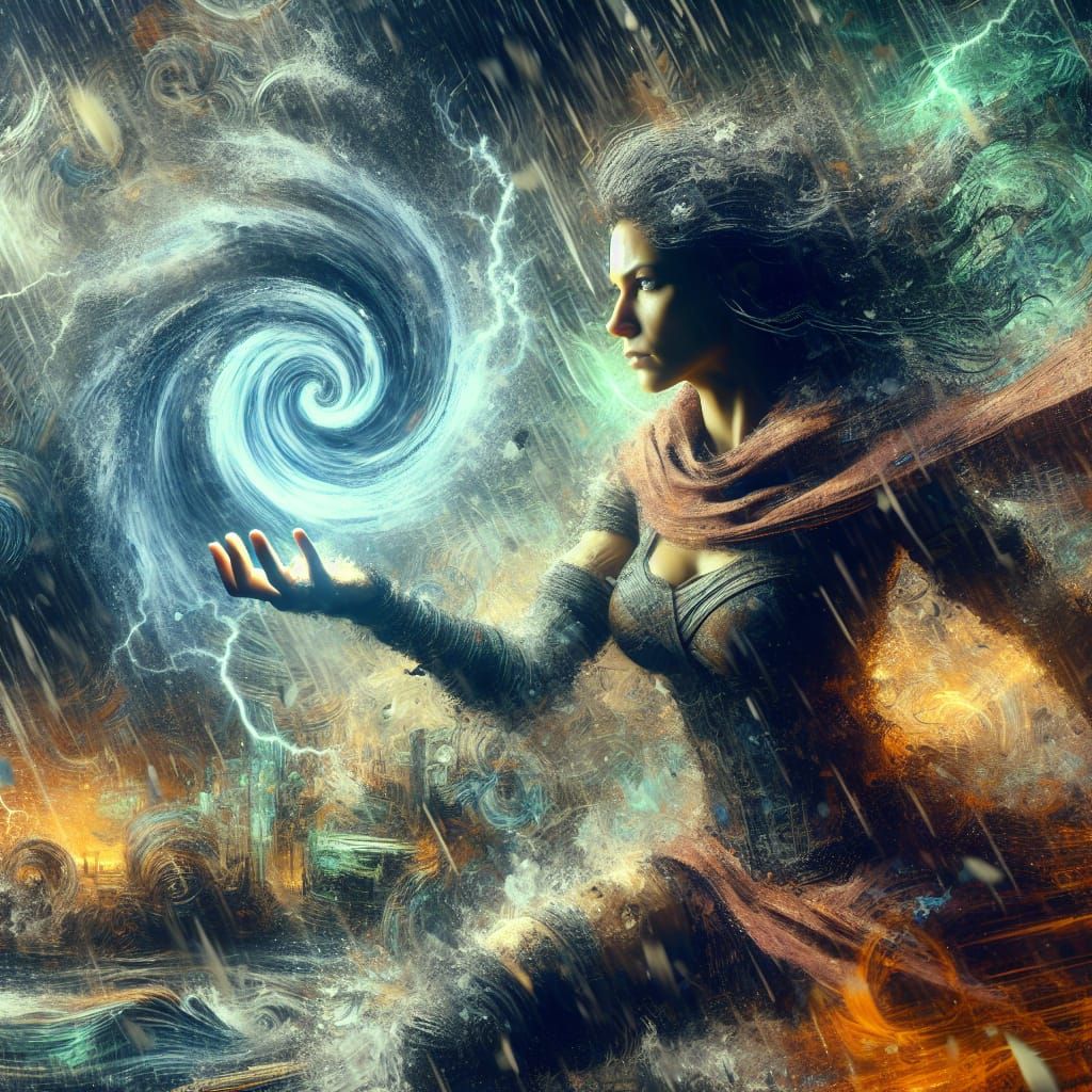 Weather-Controlling Woman Dominates Elements in Digital Art