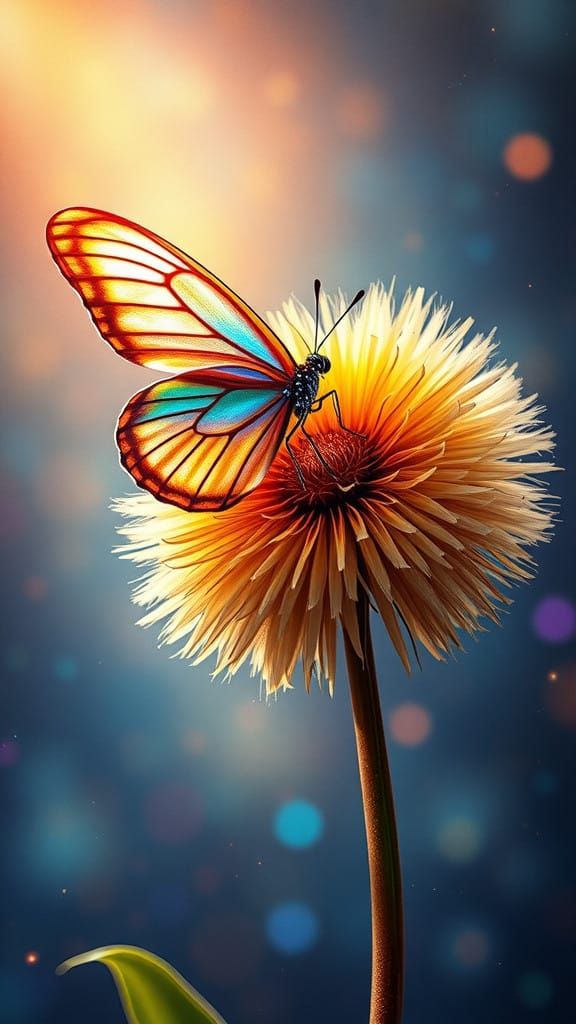 Iridescent Butterfly Perched on Majestic Dandelion in Cosmic...