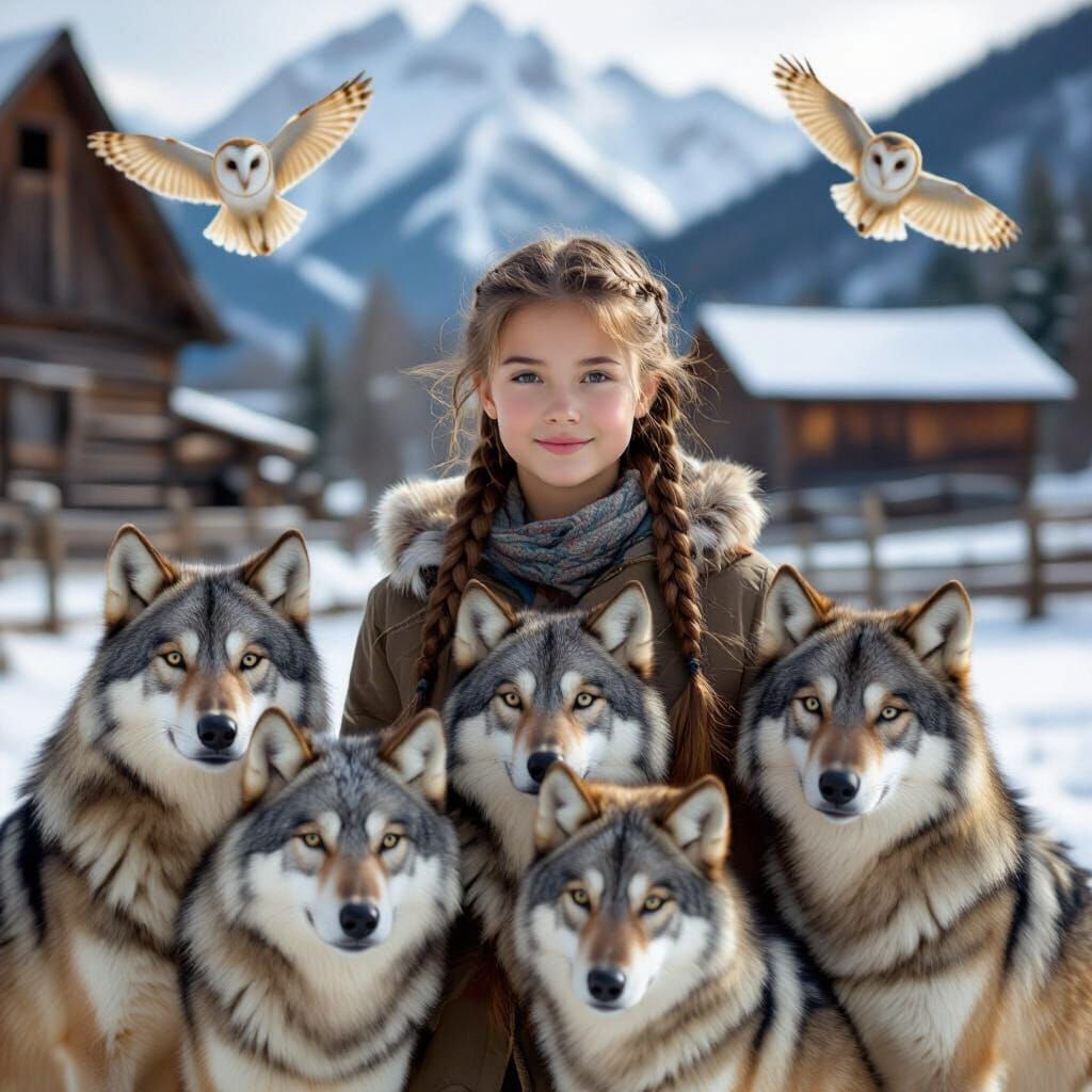 Realistic Girl with Wolves and Owls in Snowy Mountains