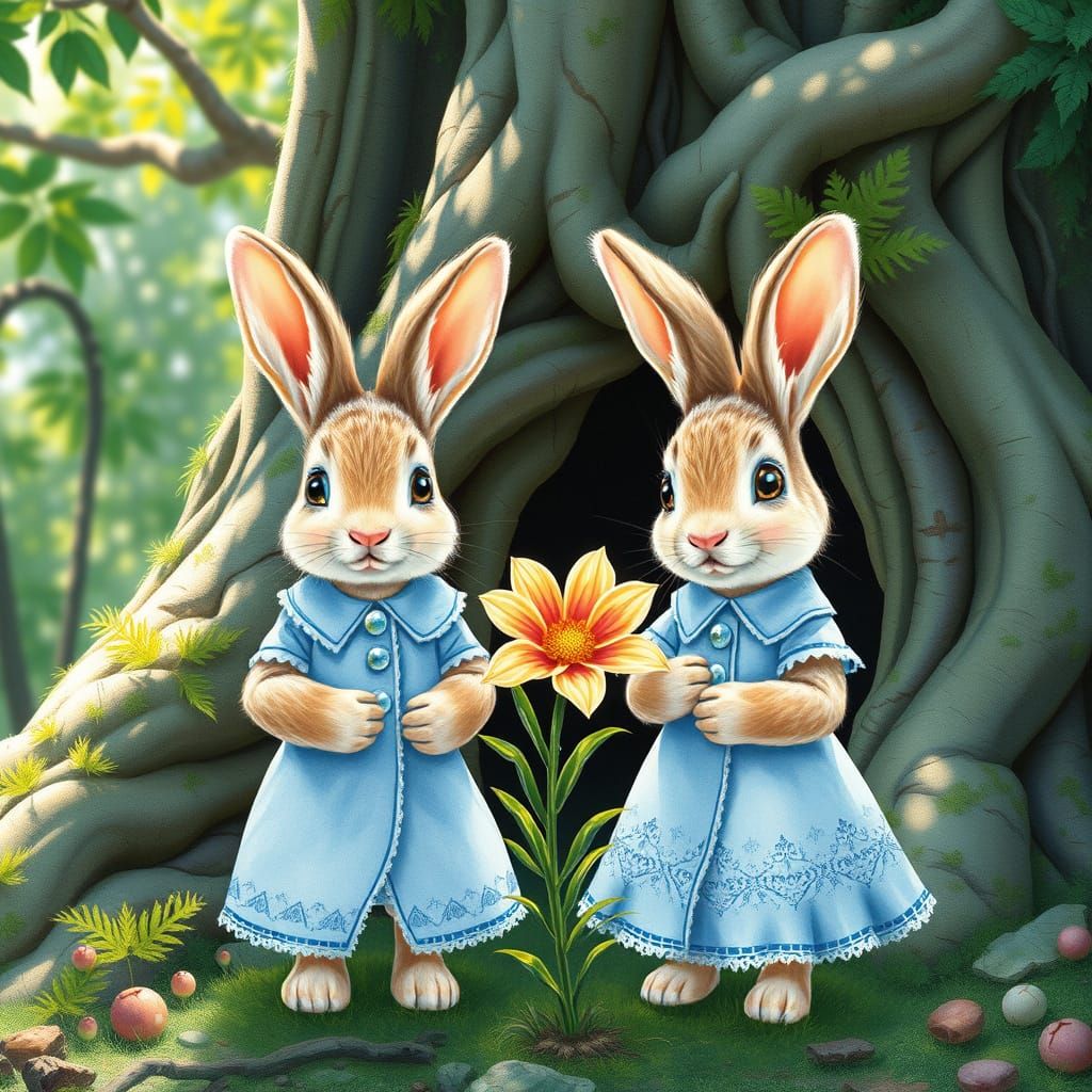 Whimsical Rabbits in Emerald Forest