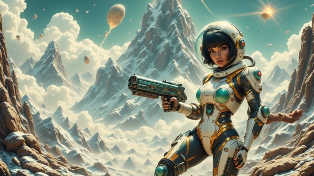 Retro-Futuristic Black Woman in Spacesuit on Alien Planet