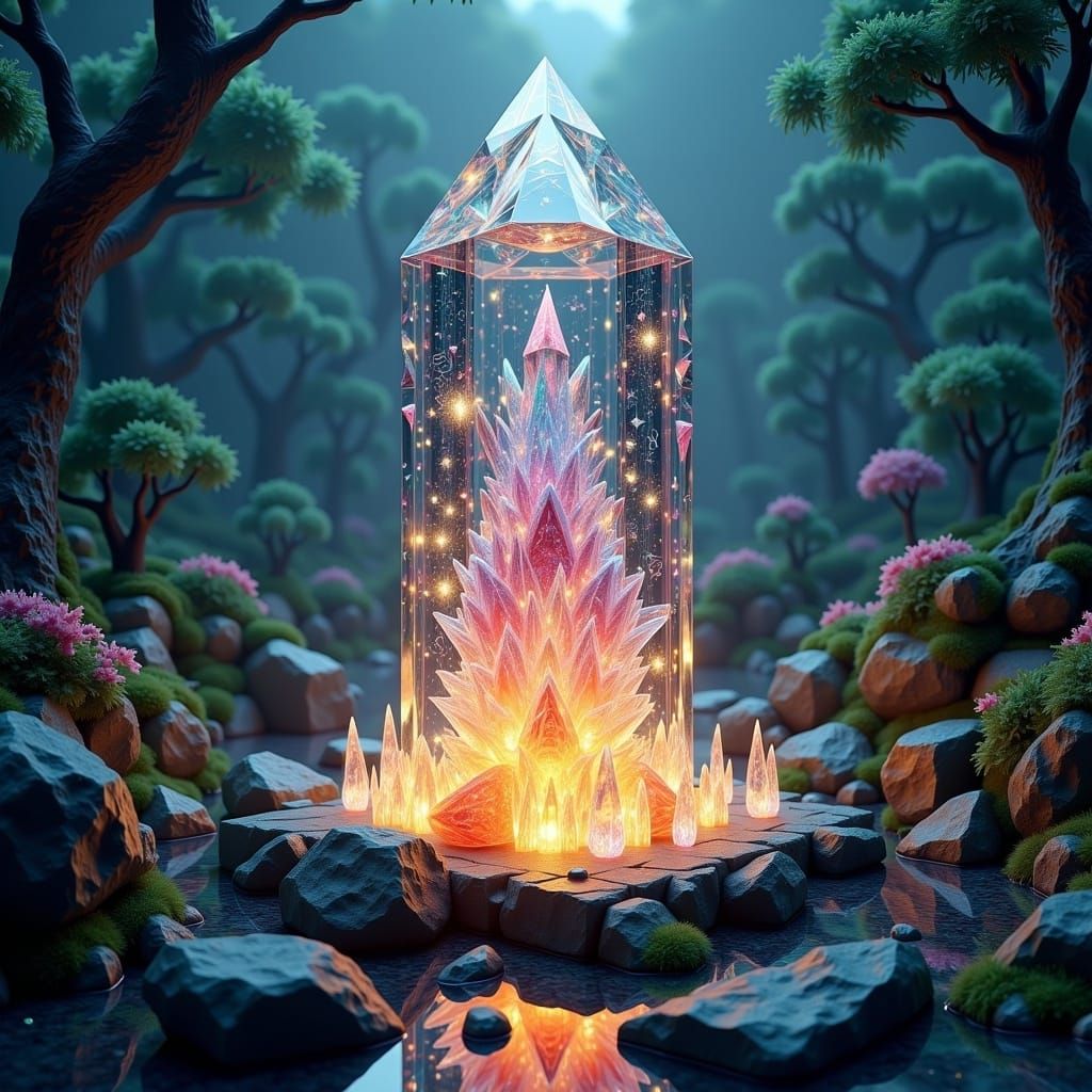 Glowing Crystal in Misty Forest