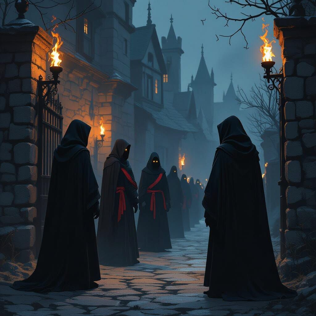Cloaked Figures at Palace Gates in Dark Mystical Style