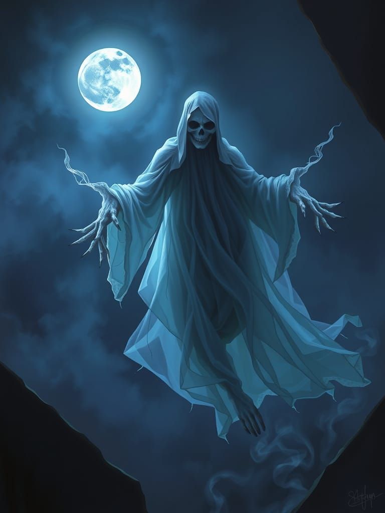 Ethereal Ghost Drifts Under Quarter Moon