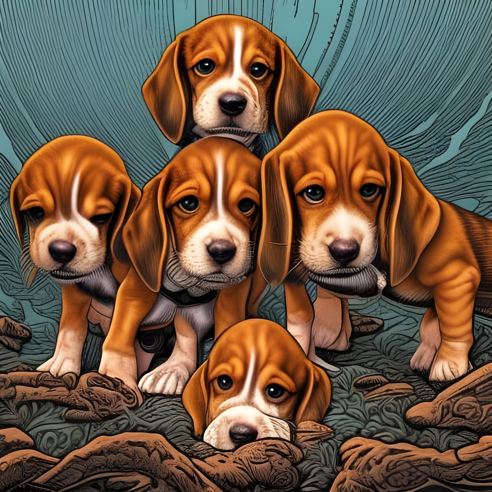 Beagle Puppies in Comic Book Style