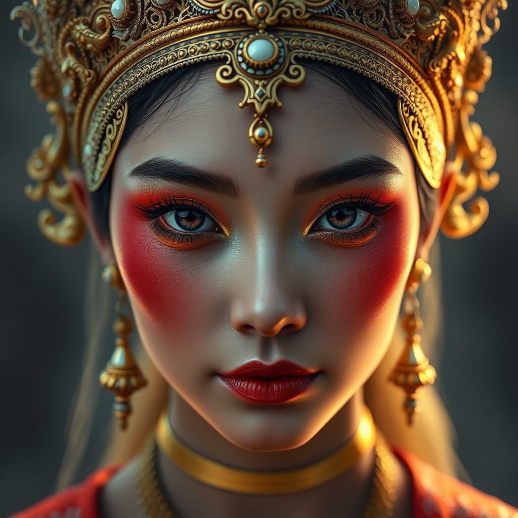Thai Woman Portrait with Golden Headdress, Hyperrealistic Ar...