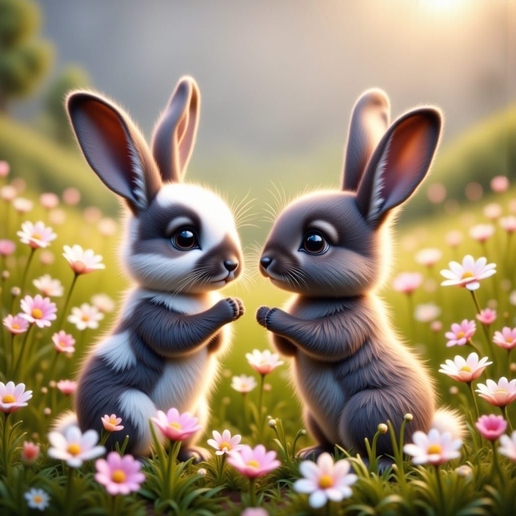 Chibi Gray and Piebald Baby Bunnies in a Vibrant Floral Fiel...