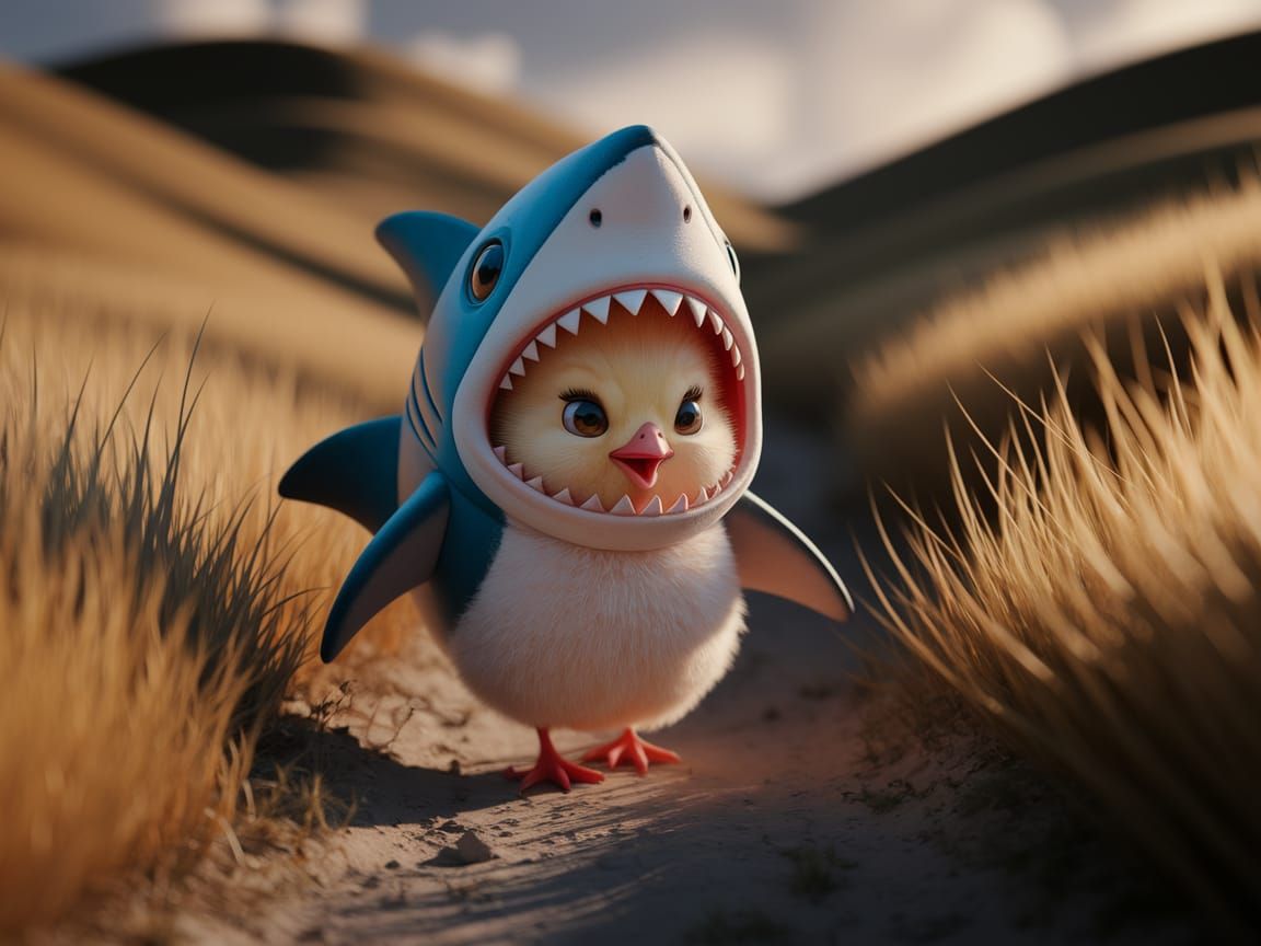 Fluffy Chick in Shark Costume Navigates Golden Grass Field