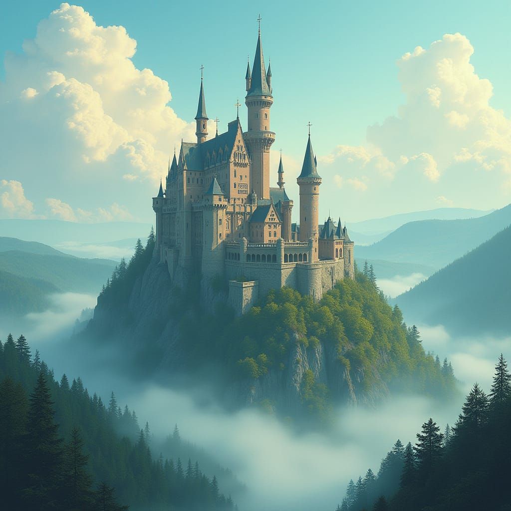 Whimsical Fairy-Tale Castle in Mystical Mist