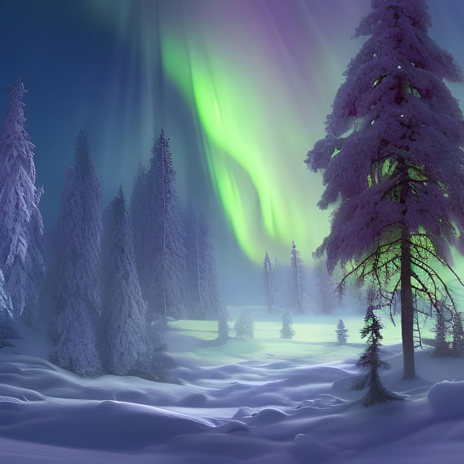 Snowy Winter Forest with Northern Lights Landscape