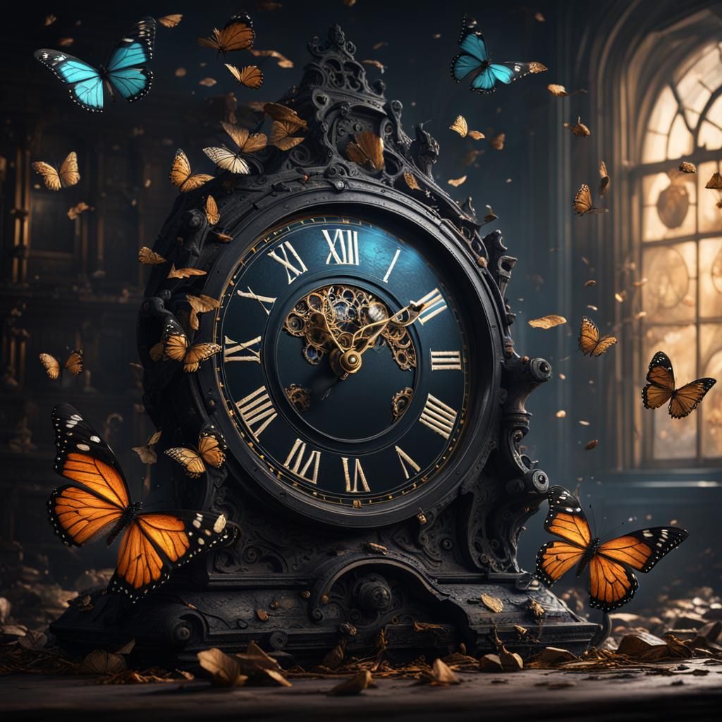 Black Butterfly and Broken Clock in Detailed Painting