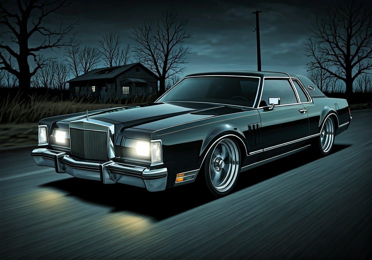 Gloomy Comic Lincoln Continental Mark III Speeds Down Dark R...