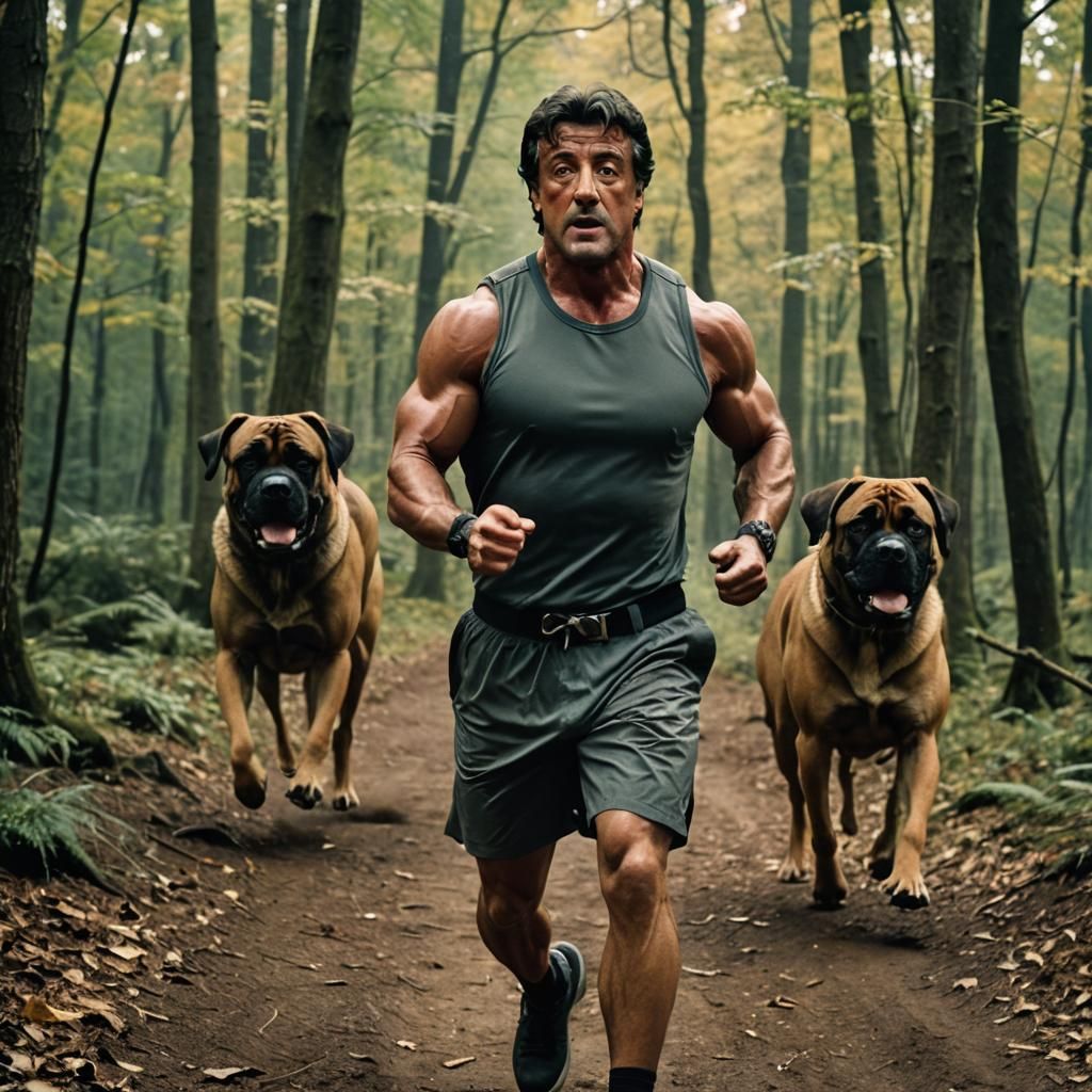 Rocky Balboa Jogging in Woods with Dog