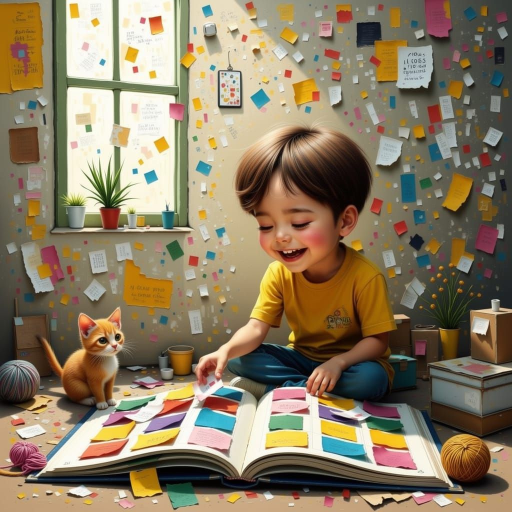 Boy Makes Scrapbook Mess, Kitten Attacks Supplies