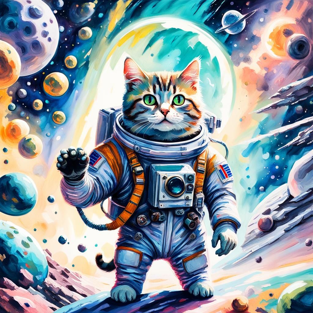 Astronaut Kitten in Space: A Gouache-Style Masterpiece