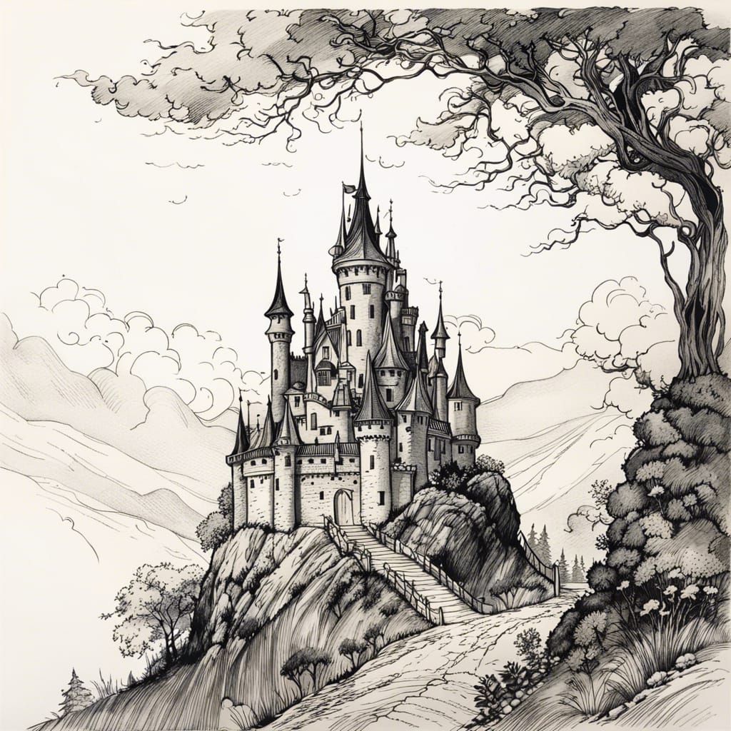 Fairytale Castle on Hill in Arthur Rackham Style