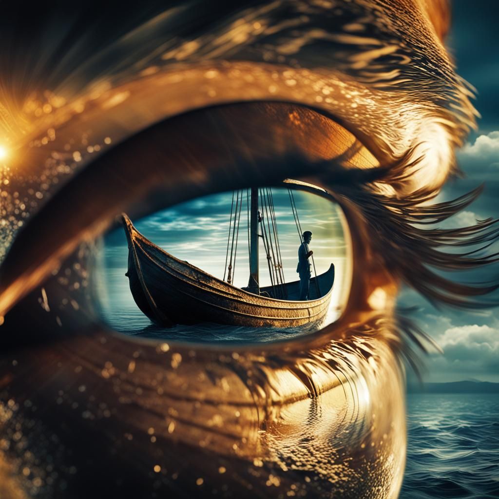 Medieval Boat Reflected in Eye: Cinematic Double Exposure