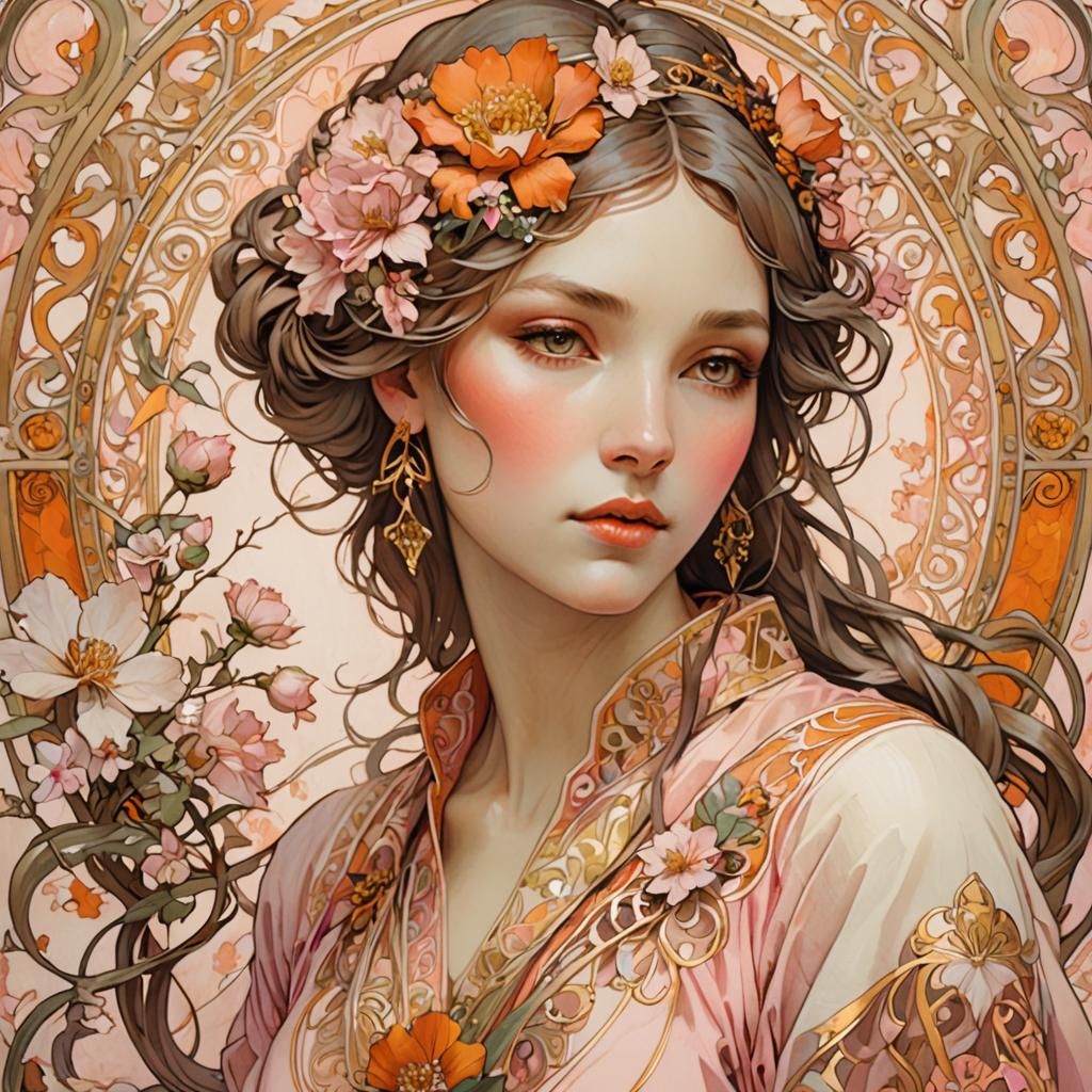 Beautiful Woman in Floral Filigree Shirt, Mucha Style