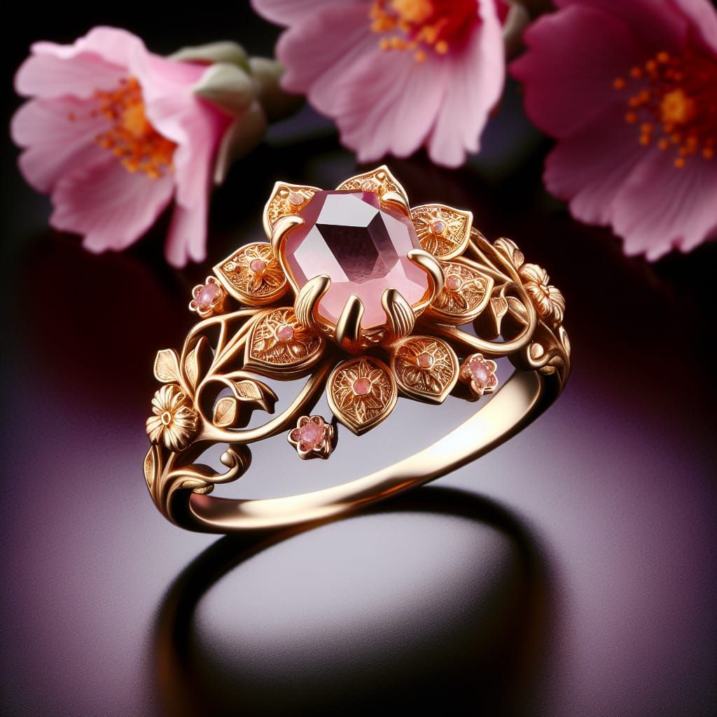 Medieval Gold Royal Ring with Rose Quartz Flower