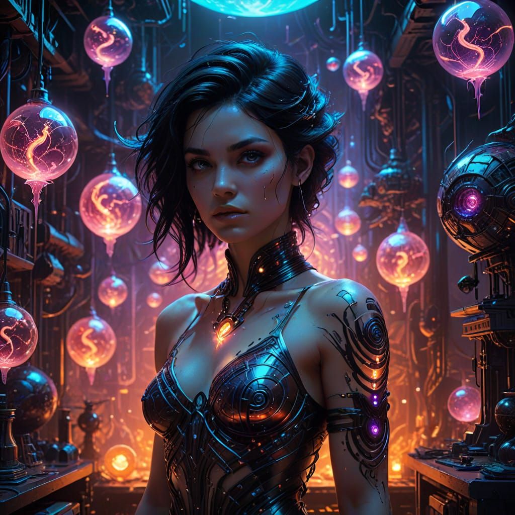 Confident Woman in Lab, Radiant Tattoos, Magical Energy