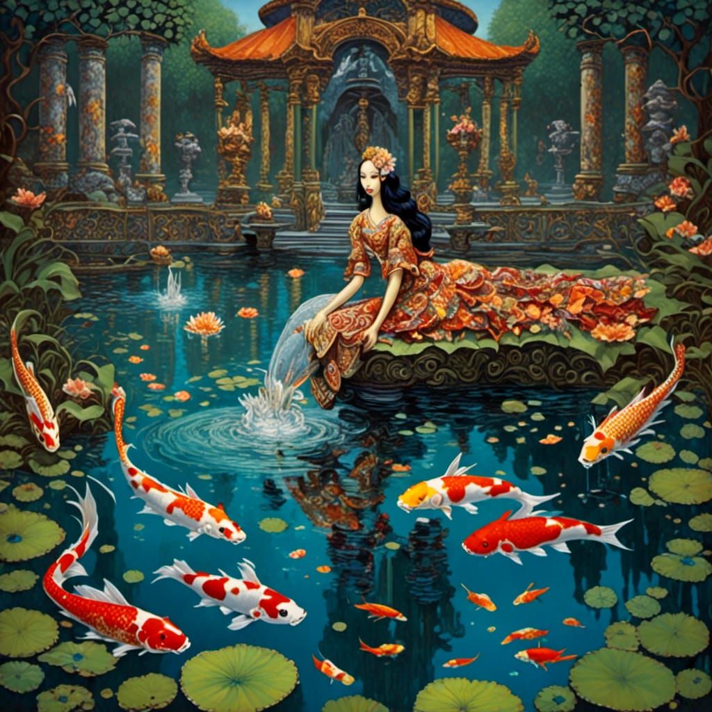 Angel by Koi Pond in Hyperreal 70s Style