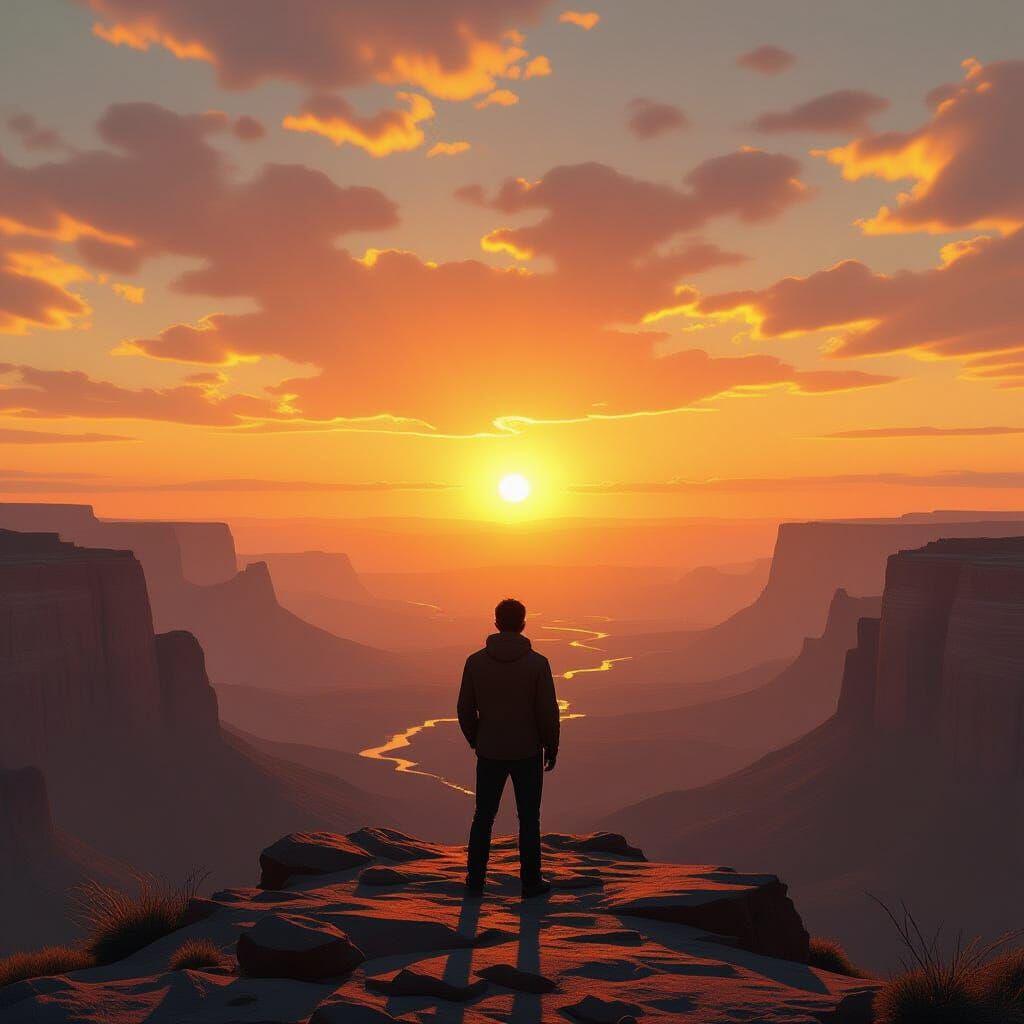 Figure Facing a Bright Future at Dawn