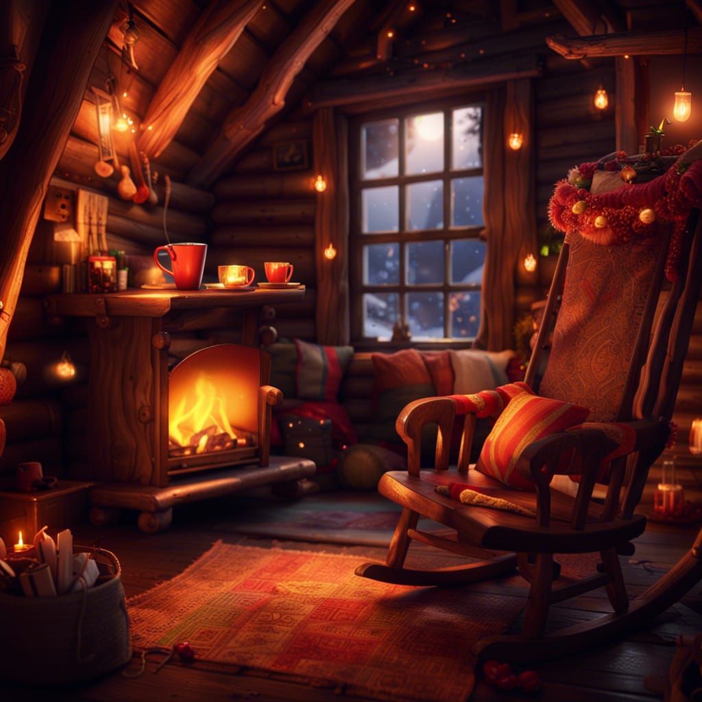 Cozy Cabin Interior with Fireplace, Digital Art
