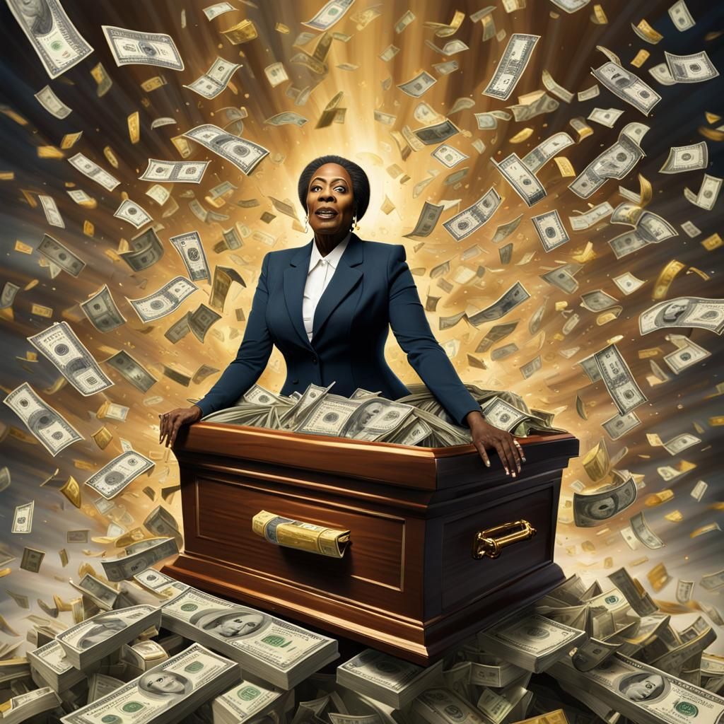 Woman in Flying Coffin Drops Money: Hyperrealistic Art