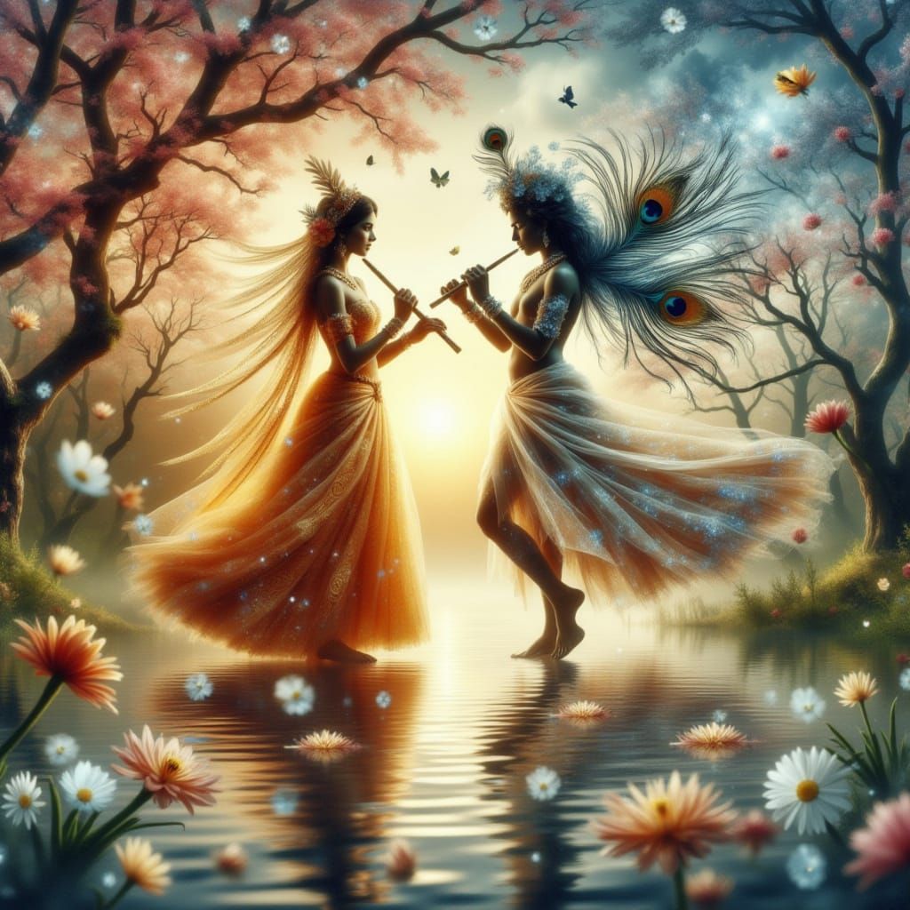 Surreal Double Exposure of Radha and Krishna in Indian Deiti...